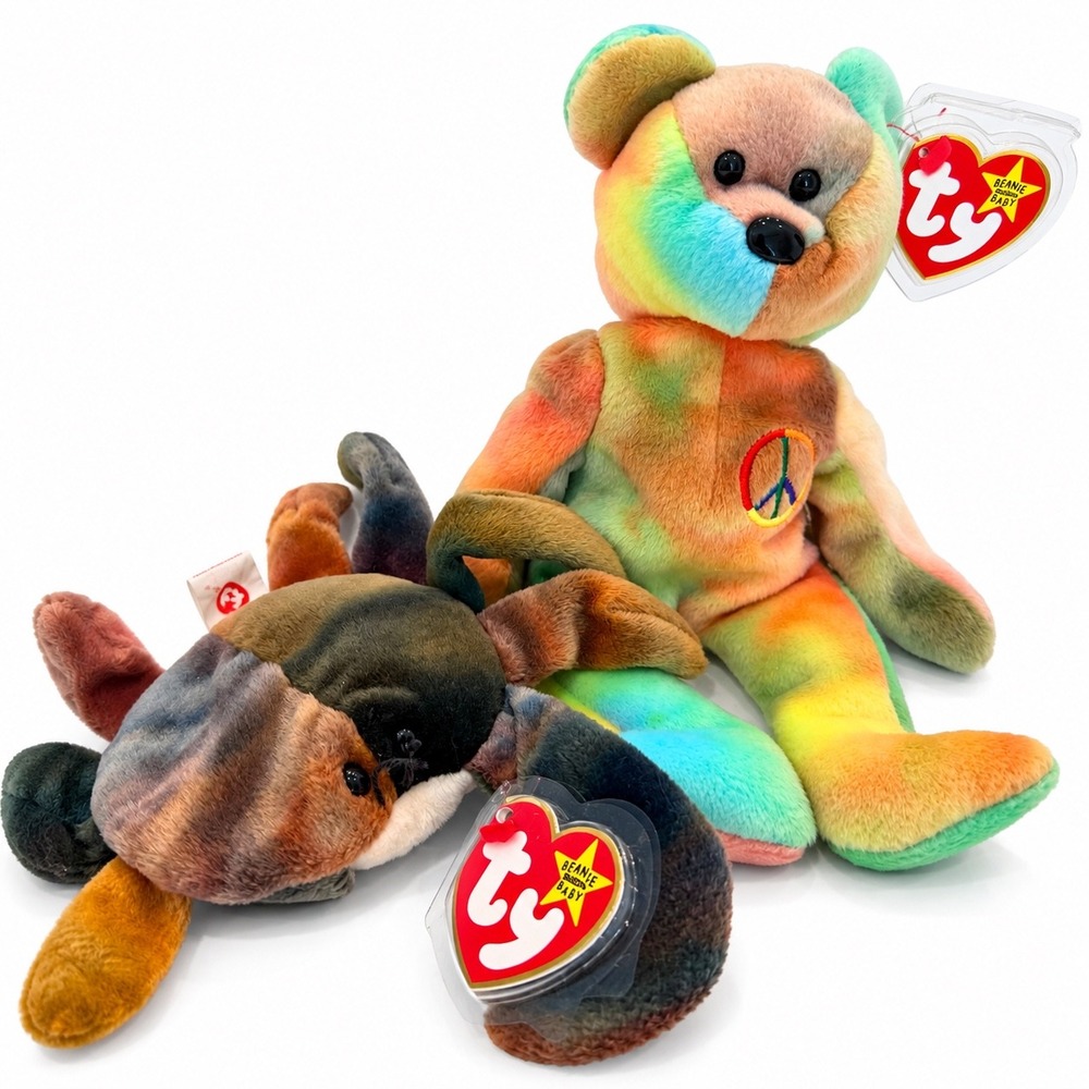 Ty Beanie Babies Peace the Bear & Claude the Crab Tie Dye Plush Set 1996
